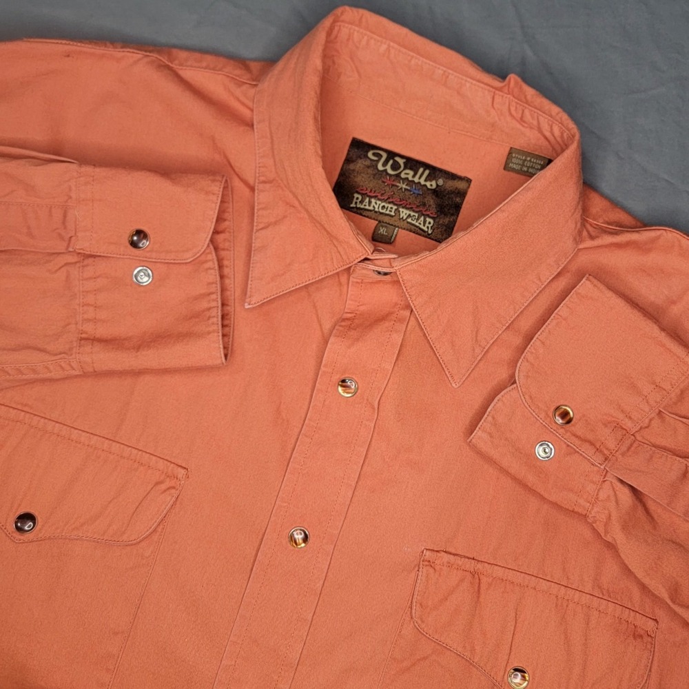 Walls Ranch Wear Western Pearl Snap Shirt Men XL Orange‎ Cowboy Long Sleeve